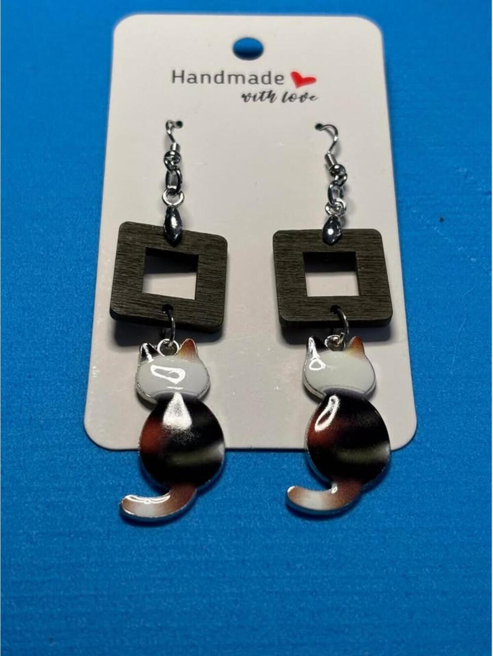 Handmade Calico Cat and Wood Square Dangle Earrings